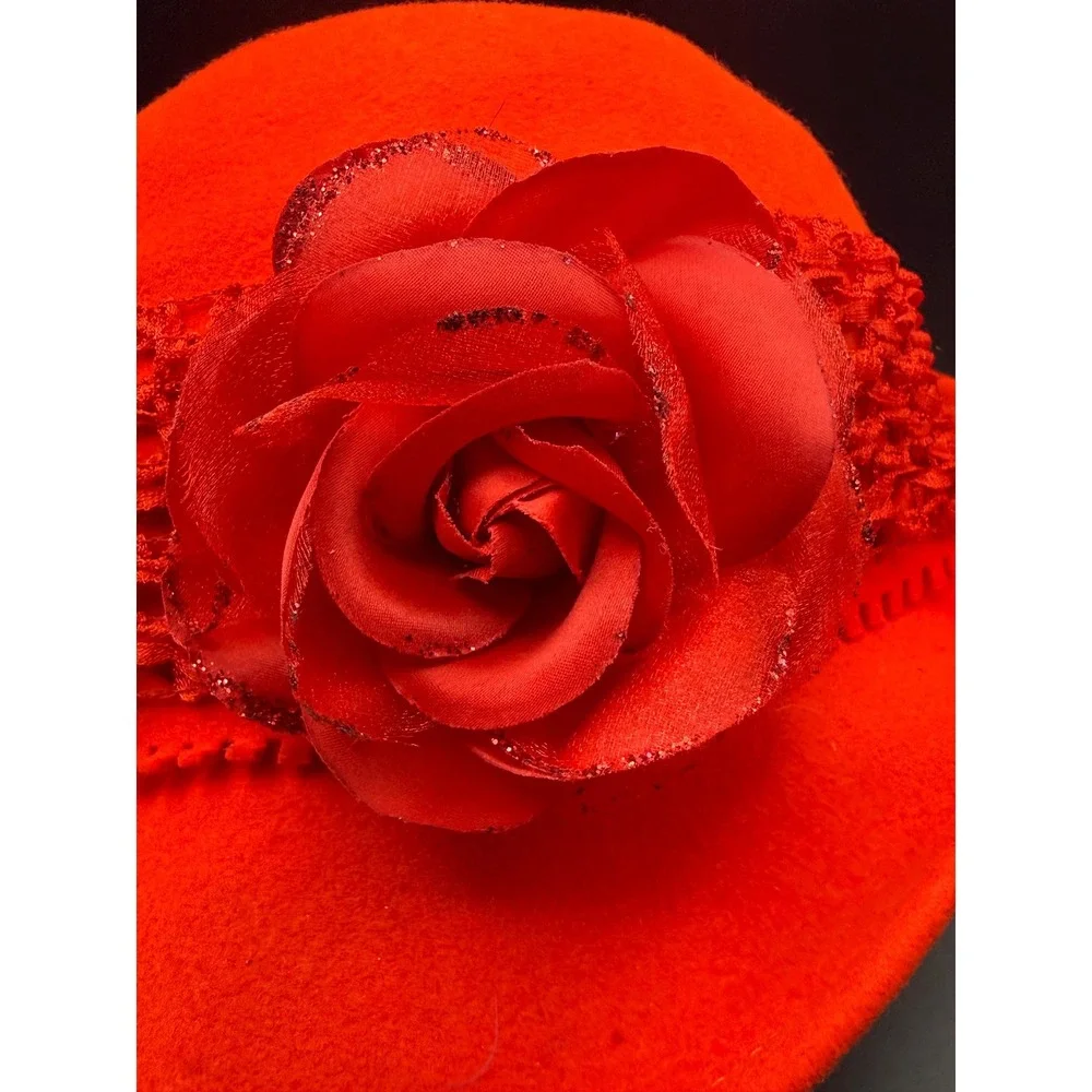 Vtg Jack McConnell Flair Red Wool Doeskin Felt Cloche Hat Lace Flower Church